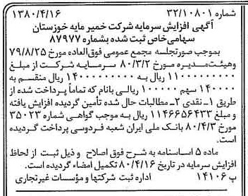خبر روزنامه رسمی شماره 16424 چاپ شده در تاريخ 1380/04 درباره شرکت خمیر مایه خوزستان