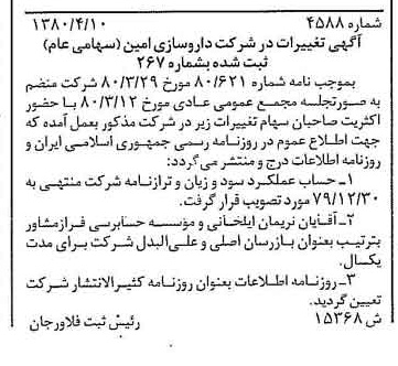 خبر روزنامه رسمی شماره 16424 چاپ شده در تاريخ 1380/04 درباره شرکت داروسازی امین