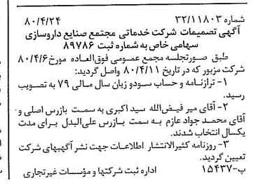 خبر روزنامه رسمی شماره 16432 چاپ شده در تاريخ 1380/05 درباره شرکت خدماتی مجتمع صنایع داروسازی