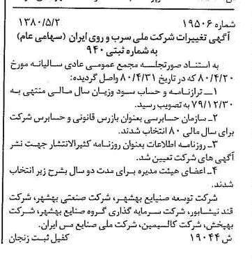خبر روزنامه رسمی شماره 16440 چاپ شده در تاريخ 1380/05 درباره شرکت ملی سرب و روی ایران