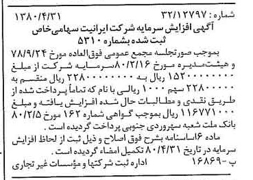 خبر روزنامه رسمی شماره 16443 چاپ شده در تاريخ 1380/05 درباره شرکت ایرانیت