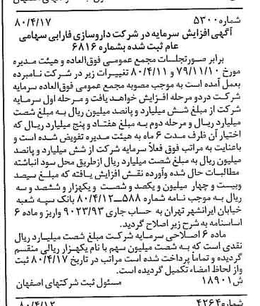 خبر روزنامه رسمی شماره 16445 چاپ شده در تاريخ 1380/05 درباره شرکت دارو سازی فارابی