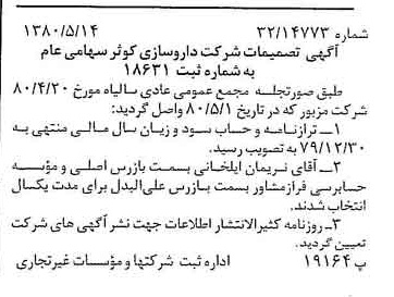 خبر روزنامه رسمی شماره 16448 چاپ شده در تاريخ 1380/05 درباره شرکت داروسازی کوثر