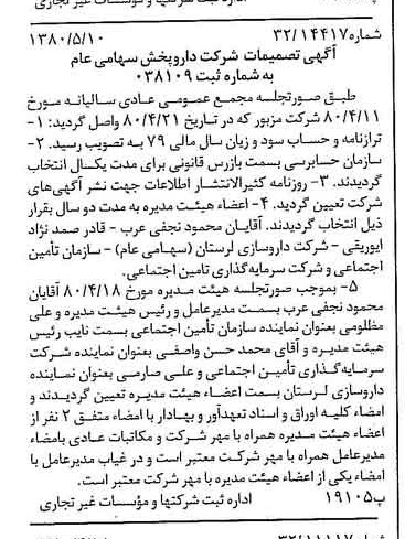 خبر روزنامه رسمی شماره 16451 چاپ شده در تاريخ 1380/05 درباره شرکت دارو پخش