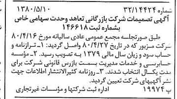 خبر روزنامه رسمی شماره 16454 چاپ شده در تاريخ 1380/06 درباره شرکت بازرگانی تعاهد وحدت
