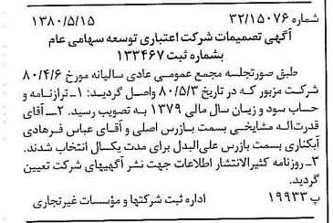 خبر روزنامه رسمی شماره 16454 چاپ شده در تاريخ 1380/06 درباره شرکت اعتباری توسعه