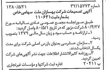 خبر روزنامه رسمی شماره 16459 چاپ شده در تاريخ 1380/06 درباره شرکت بهسازان ملت
