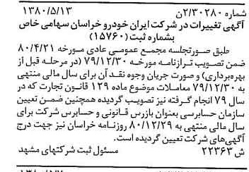 خبر روزنامه رسمی شماره 16462 چاپ شده در تاريخ 1380/06 درباره شرکت ایران خودرو خراسان