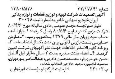 خبر روزنامه رسمی شماره 16464 چاپ شده در تاريخ 1380/06 درباره شرکت تهیه و توزیع قطعات و لوازم یدکی ایران خودرو