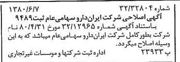 خبر روزنامه رسمی شماره 16465 چاپ شده در تاريخ 1380/06 درباره شرکت ایران دارو