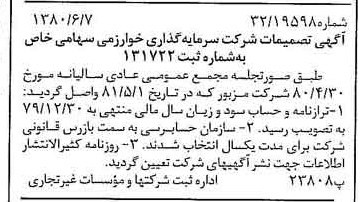 خبر روزنامه رسمی شماره 16470 چاپ شده در تاريخ 1380/06 درباره شرکت گروه سرمایه گذاری خوارزمی