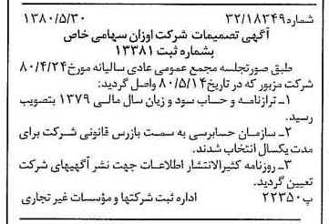خبر روزنامه رسمی شماره 16472 چاپ شده در تاريخ 1380/06 درباره شرکت اوزان
