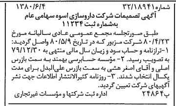 خبر روزنامه رسمی شماره 16473 چاپ شده در تاريخ 1380/06 درباره شرکت دارو سازی اسوه