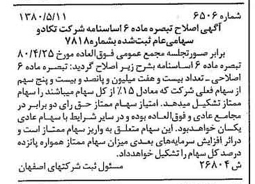 خبر روزنامه رسمی شماره 16475 چاپ شده در تاريخ 1380/06 درباره شرکت تکادو