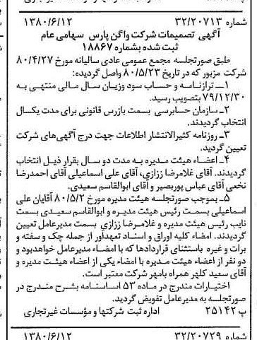 خبر روزنامه رسمی شماره 16476 چاپ شده در تاريخ 1380/06 درباره شرکت واگن پارس
