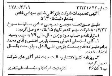 خبر روزنامه رسمی شماره 16477 چاپ شده در تاريخ 1380/07 درباره شرکت بازرگانی شایق
