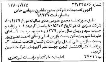 خبر روزنامه رسمی شماره 16483 چاپ شده در تاريخ 1380/07 درباره شرکت محور ماشین