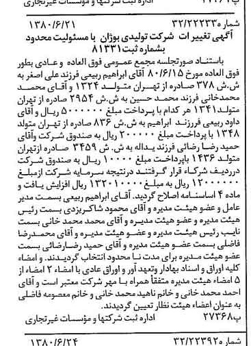 خبر روزنامه رسمی شماره 16484 چاپ شده در تاريخ 1380/07 درباره شرکت تولیدی بوژان