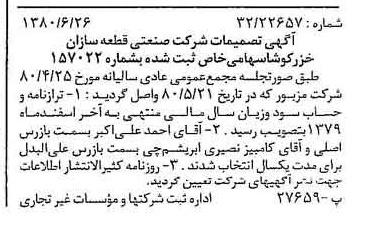 خبر روزنامه رسمی شماره 16486 چاپ شده در تاريخ 1380/07 درباره شرکت صنعتی قطعه سازان خزر کوشا