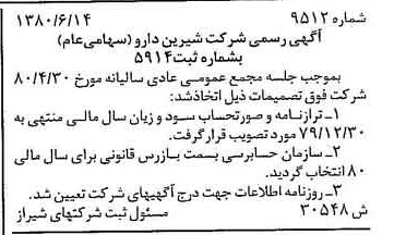 خبر روزنامه رسمی شماره 16489 چاپ شده در تاريخ 1380/07 درباره شرکت شیرین دارو