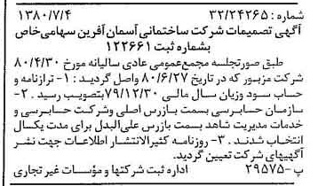 خبر روزنامه رسمی شماره 16491 چاپ شده در تاريخ 1380/07 درباره شرکت ساختمانی آسمان آفرین
