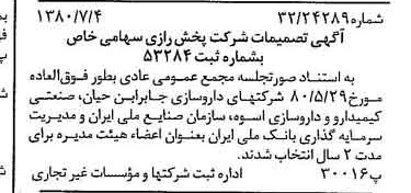 خبر روزنامه رسمی شماره 16495 چاپ شده در تاريخ 1380/07 درباره شرکت پخش رازی