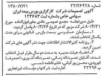 خبر روزنامه رسمی شماره 16503 چاپ شده در تاريخ 1380/08 درباره شرکت کارگزاری بورس بیمه ایران