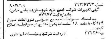 خبر روزنامه رسمی شماره 16504 چاپ شده در تاريخ 1380/08 درباره شرکت خمیر مایه خوزستان