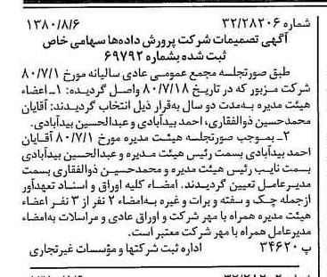 خبر روزنامه رسمی شماره 16514 چاپ شده در تاريخ 1380/08 درباره شرکت پرورش داده ها