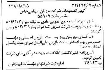 خبر روزنامه رسمی شماره 16519 چاپ شده در تاريخ 1380/08 درباره شرکت مهبان