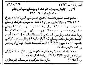 خبر روزنامه رسمی شماره 16545 چاپ شده در تاريخ 1380/09 درباره شرکت دارو پخش