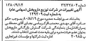 خبر روزنامه رسمی شماره 16545 چاپ شده در تاريخ 1380/09 درباره شرکت توزیع دارو پخش