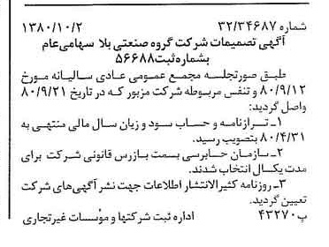 خبر روزنامه رسمی شماره 16557 چاپ شده در تاريخ 1380/10 درباره شرکت گروه صنعتی بلا