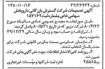 خبر روزنامه رسمی شماره 16575 چاپ شده در تاريخ 1380/10 درباره شرکت گسترش بازرگانی دارو پخش