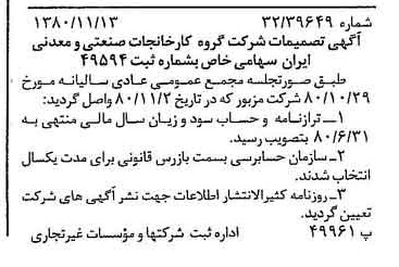 خبر روزنامه رسمی شماره 16596 چاپ شده در تاريخ 1380/11 درباره شرکت گروه کارخانجات صنعتی و معدنی ایران