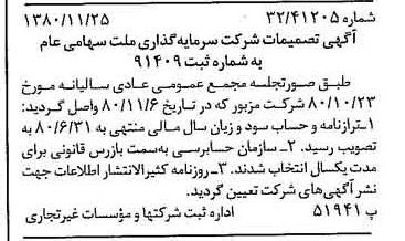 خبر روزنامه رسمی شماره 16605 چاپ شده در تاريخ 1380/12 درباره شرکت سرمایه گذاری ملت