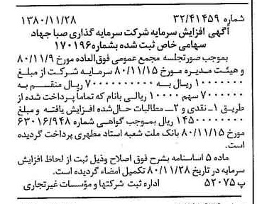 خبر روزنامه رسمی شماره 16608 چاپ شده در تاريخ 1380/12 درباره شرکت سرمایه گذاری صبا جهاد