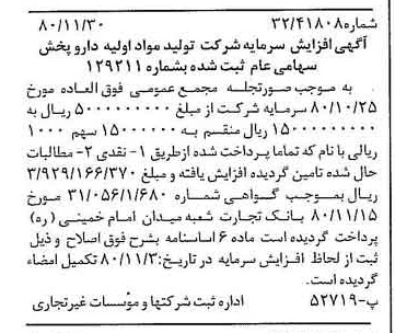 خبر روزنامه رسمی شماره 16610 چاپ شده در تاريخ 1380/12 درباره شرکت تولید مواد اولیه داروپخش