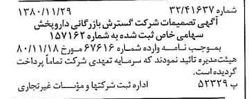 خبر روزنامه رسمی شماره 16610 چاپ شده در تاريخ 1380/12 درباره شرکت گسترش بازرگانی دارو پخش