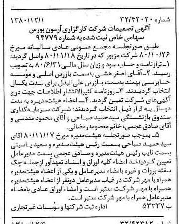 خبر روزنامه رسمی شماره 16611 چاپ شده در تاريخ 1380/12 درباره شرکت کارگزاری آرمون بورس