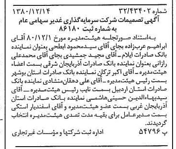 خبر روزنامه رسمی شماره 16621 چاپ شده در تاريخ 1380/12 درباره شرکت سرمایه گذاری غدیر