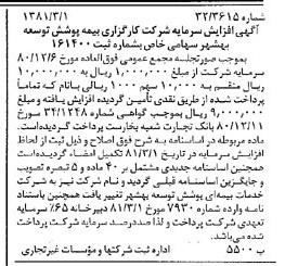 خبر روزنامه رسمی شماره 16680 چاپ شده در تاريخ 1381/03 درباره شرکت خدمات بیمه ای پوشش توسعه بهشهر