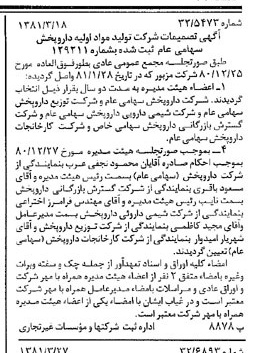 خبر روزنامه رسمی شماره 16694 چاپ شده در تاريخ 1381/04 درباره شرکت تولید مواد اولیه داروپخش