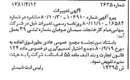 خبر روزنامه رسمی شماره 16696 چاپ شده در تاريخ 1381/04 درباره شرکت کارخانجات سیمان صوفیان