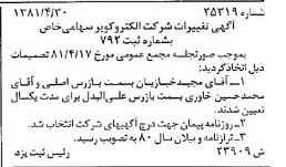 خبر روزنامه رسمی شماره 16735 چاپ شده در تاريخ 1381/05 درباره شرکت الکترو کویر