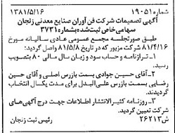 خبر روزنامه رسمی شماره 16744 چاپ شده در تاريخ 1381/06 درباره شرکت فن آوران صنایع معدنی زنجان