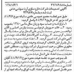 خبر روزنامه رسمی شماره 16755 چاپ شده در تاريخ 1381/06 درباره شرکت داروسازی آریا