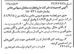 خبر روزنامه رسمی شماره 16808 چاپ شده در تاريخ 1381/08 درباره شرکت دارو تجارت سامان