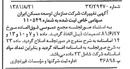 خبر روزنامه رسمی شماره 16821 چاپ شده در تاريخ 1381/09 درباره شرکت سازمان توسعه مسکن ایران