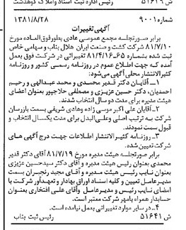 خبر روزنامه رسمی شماره 16849 چاپ شده در تاريخ 1381/10 درباره شرکت کشت و صنعت ایران هلال بناب